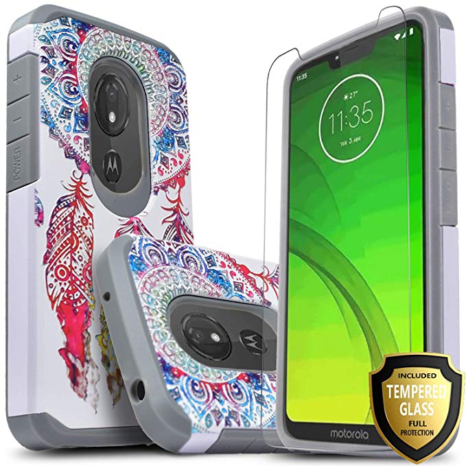 Moto G7 Power Case, Moto G7 Supra Case, Moto G7 Optimo Maxx Case, Included [Tempered Glass Screen Protector], STARSHOP Drop Protection Dual Layers Impact Rugged Protective Phone Cover- Dream Catcher