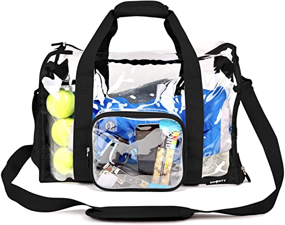 Large Heavy Duty Clear Duffel Gym Sport Bag with Shoe Pocket Padded Bottom Removable Shoulder Strap for Travel Work School Student Workout Fitness Workout Airport Security (Black)