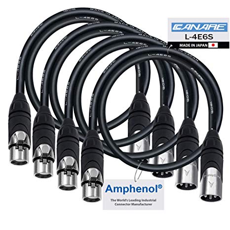 4 Units - 1 Foot - Canare L-4E6S, Star Quad Balanced Male To Female Microphone Cables With Amphenol AX3M & AX3F Silver XLR Connectors - CUSTOM MADE By WORLDS BEST CABLES