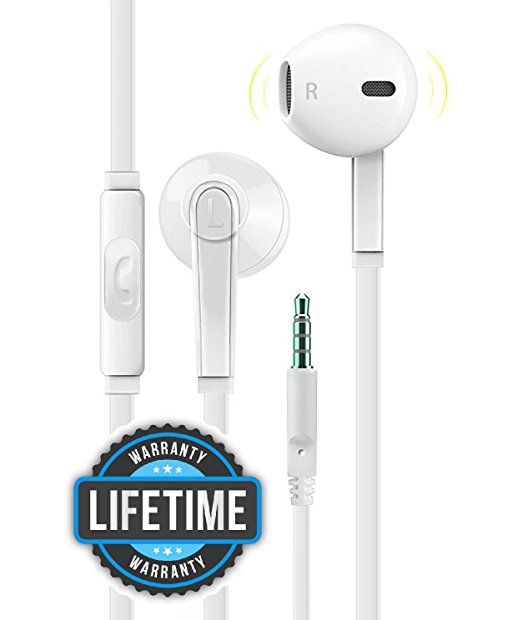 Headphones with Microphone, Certified PowerBoost In-Ear 3.5mm Noise Isolating Earphones Headset for iPhone iPad iPod Laptop Tablet Android LG HTC Smartphones (White)