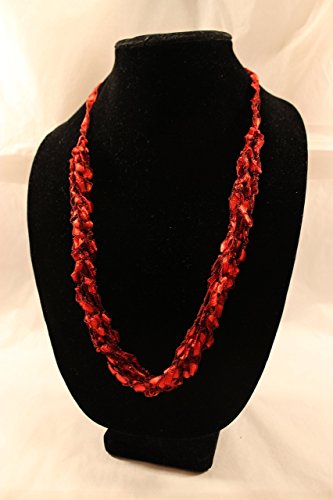 Necklace Adjustable Length Crochet Yarn Red Ladder Trellis Ribbon