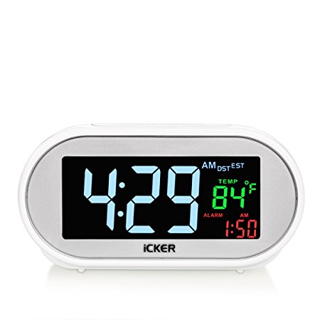 ICKER LED Display Automic Alarm Clock with Snooze and Dual USB Charging for Smart Phone, Displays Time/Date/Tamperature/Time Zone,Battery Backup, Dimmer Option,USB Cable and Adapter Included