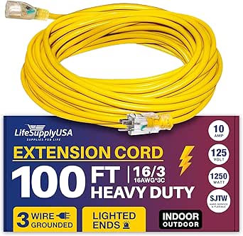 100ft Power Outdoor Extension Cord & Indoor - Waterproof Electric Drop Cord Cable - 3 Prong SJTW, 16 Gauge, 10 AMP, 125 Volts, 1250 Watts, 16/3 by LifeSupplyUSA - Yellow (1 Pack)