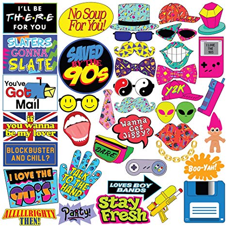 Throwback 90's Photo Booth Prop Set - Funny 1990's Theme Party Decoration, Favors & Supplies