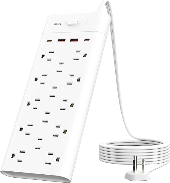 Maxpw Power Strip Surge Protector Outlet Extender with 14 Outlets and 4 USB Ports (2 USB C), 6 Ft Extension Cord & Flat Plug, 1700 Joules, Wall Mount for Home, Office, Dorm, White