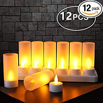 Flameless Candles with Rechargeable Base Led Candles Flickering LED Tea Lights Unscented Tealight Warm White Plastic Realistic Candle Party Decoration Upgraded Tea Candle Set of 12 NO NEED BATTERY