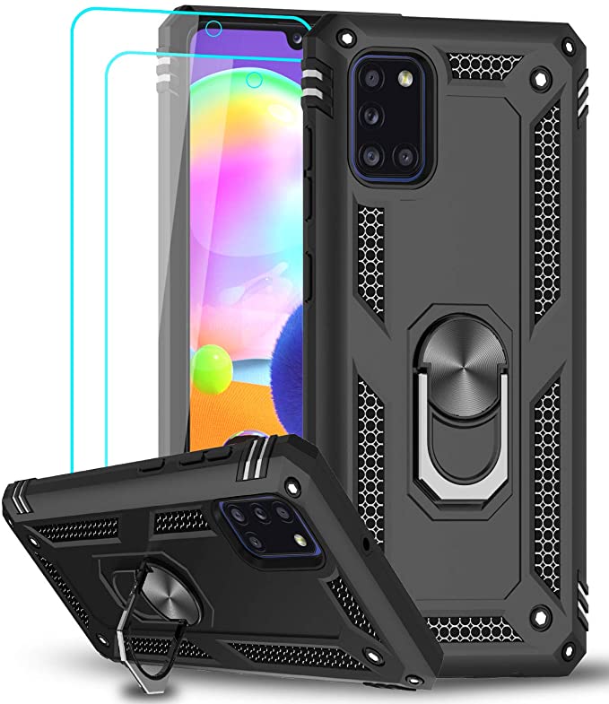 Samsung Galaxy A31 Case with [2 Pack] Tempered Glass Screen Protector, LeYi [Military-Grade] Defender Protective Phone Case with Car Ring Holder Kickstand for Samsung A31, Black