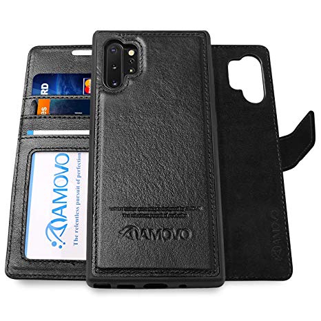 AMOVO Leather Case for Galaxy Note 10 Plus (6.8’’) [Genuine Leather] Samsung Galaxy Note 10  Wallet Case Detachable [2 in 1 Folio] [Wristlet] Note10  Leather Folio (Note10Plus, Genuine Leather Black)