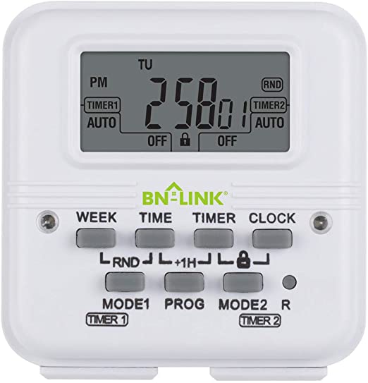 BN-LINK 7 Day Heavy Duty Digital Programmable Dual Outlet Timer - 2 Independently Programmable Grounded Outlets, 8 ON/Off Programs, Heavy Duty Electrical Timer Switch, 3 Prong, 15A/1875W