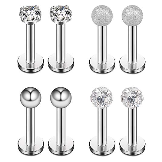 Ruifan 8PCS 16G 3mm Ball Crystal Cubic Zirconia Labret Monroe Lip Ring Tragus Helix Earring Stud Barbell Piercing Jewelry 8mm