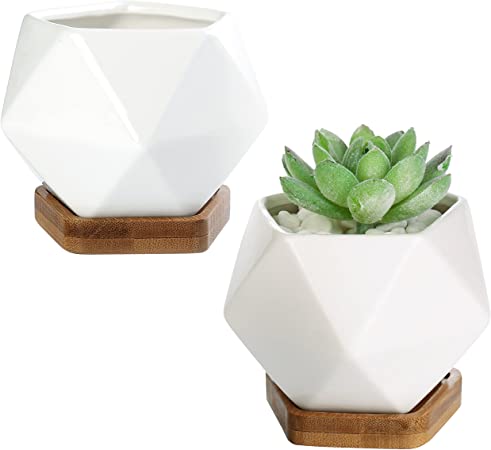 Modern Geometric White Ceramic Mini Succulent Planter Pots with Removable Bamboo Saucer, Set of 2