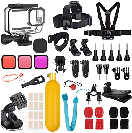 Kupton Accessories Kit Bundle Compatible with GoPro HERO9 Black, Waterproof Housing Case   Dive Filters   Lens Cover   Head Chest Strap   Bike Mount   Floating Grip Accessory Compatible with Hero 9