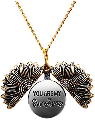 Women Sunflower Necklace You Are My Sunshine Engraved Locket Necklace Pendant