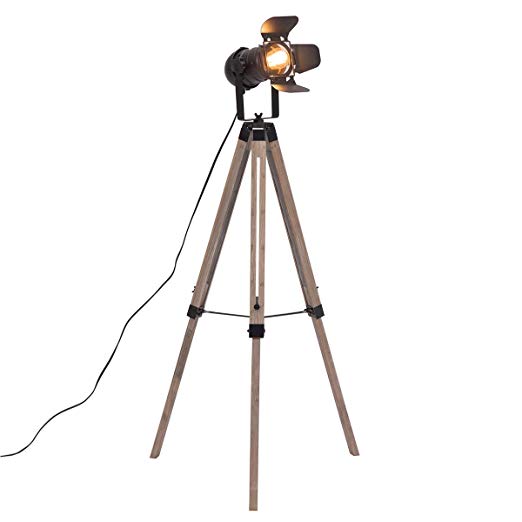 Simhoo Industrial Vintage Tripod Floor Lamps with E26 Bulb Base, Adjustable Wooden Light Fixtures,Spotlight Nautical Searchlight, Cinema Movie Props Black Metal/Antique Wood(Without Bulb)