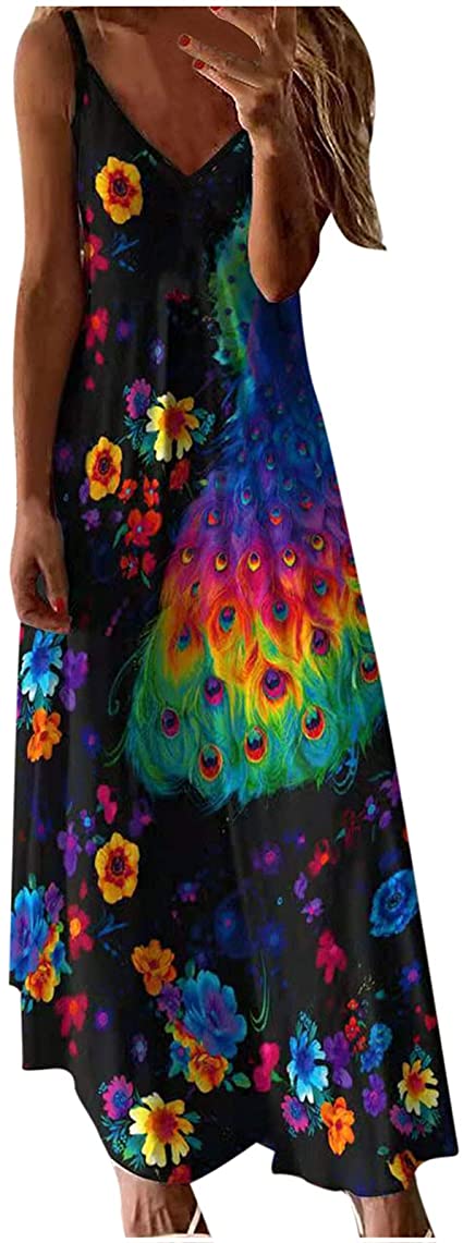 Maxi Dress Women Sling Mid-Waist V-Neck Printing Slim Beach Pocket Long Dress Maxi Skirt Boho Floral Elegant Sexy Beach