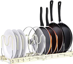 AHNR Expandable Pot and Pan Organizers Rack, 10  Pans and Pots Lid Organizer Rack Holder, Kitchen Cabinet Pantry Bakeware Organizer Rack Holder with 10 Adjustable Compartments (light Camel)