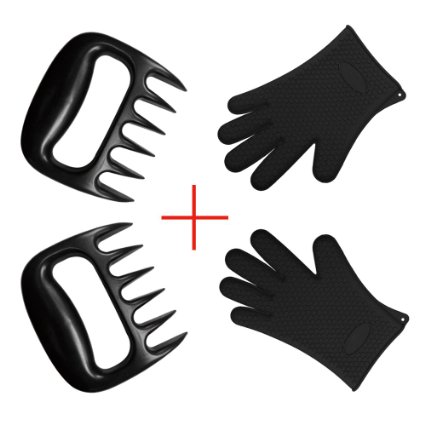 ELEMENT Bear Barbecue Meat Forks / Claws for Shredding Pork & Beef ( Set of 2, Black)   Silicone Oven Gloves for BBQ, Baking (Set of 2, Black), a Perfect Combination for BBQ & Baking !!!