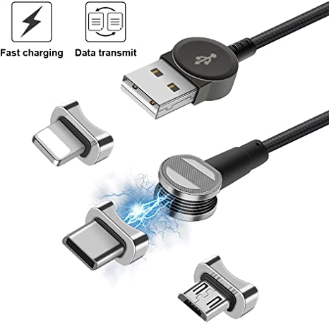 Jasput Magnetic Charging Cable,3 in 1 180° Rotation Magnetic Phone Charger Cable,Data Transfer & Fast Charging Cord Compatible with Mirco USB,USB C and iProduct Devices(6.6ft/Nylon Braid)