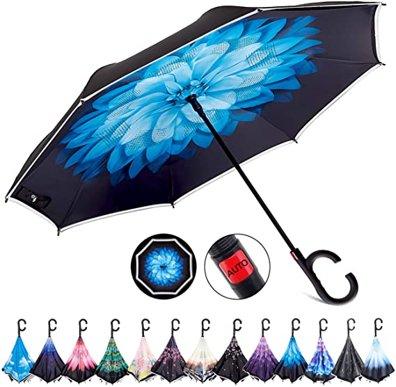 HOSA Auto Open Reverse Inverted Umbrella | Night Safety Reflective Strips, Double Layer Windproof Design, C Handle For Multitasking Great For Outdoors Family and Children