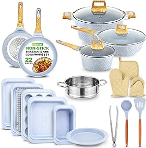 Nutrichef 22-Piece Cookware and Bakeware Set | Professional Home Kitchen Collection with Multi-Sized Pots, Pans, Non stick and Heat-Resistant Tools (Moon Grey Marble)