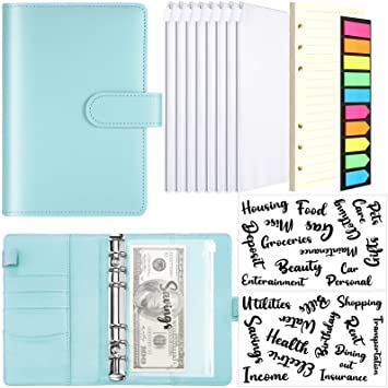 A6 PU Leather Notebook Binder Budget Planner Organizer 6 Rings Binder Cover, 26 Categories Letter Sticker Cash Budget Label 8 Binder Pockets Loose Leaf Paper and Neon Page Makers for Saving (Blue)