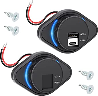 12V USB Outlet 2PCS, USB C Outlet Socket, 2023 Upgraded Dual PD3.0 and QC3.0 24W Car USB Ports, Waterproof 12V/24V Type C USB Power Outlet for RV Marine Motorcycle Boat Golf Cart (Surface Mount)