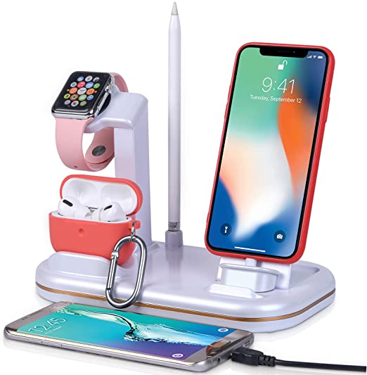 Lxtopdk Charging Stand for Apple Watch Charger, 4 in 1 Charger Station for Apple iWatch 6/SE/5, Build-in Charging Cable for iPhone 12/iPad/iPod/Airpods Pro,Pencil Holder Dock with 2 USB Ports-White