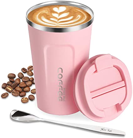 MissRui 13 oz Coffee Travel Mug,Double-Wall Stainless Steel Insulated Vacuum Cup with Lid and Spoon for Travel & to Go Hot/Iced Drinkware Reusable (Pink 380ml)