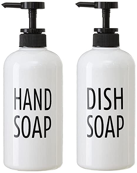White Plastic Hand Soap & Dish Soap Dispenser Set for Kitchen, Refillable Pump Bottle Plastic for Liquid Soap, Shampoo, Body Wash, Rustic Farmhouse Kitchen Counter Decor and Organization