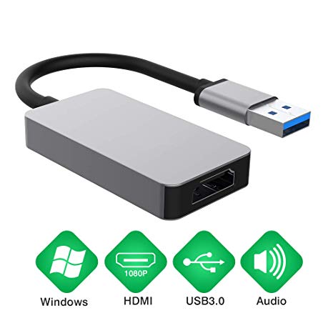 USB to HDMI Adapter, 1080P HD Audio Video Cable Converter, USB 3.0 to HDMI for Multiple Monitors, Compatible with Windows XP/10/8.1/8/7 (Not Support Mac, Vista) (Silver)