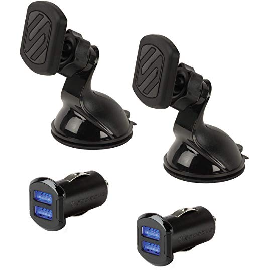 SCOSCHE MWDC242-2PKES0 MagicMount Magnetic Suction Cup Mounts & Dual USB Port Car Fast Chargers – 4-Pack