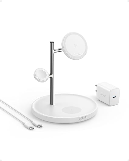 Anker MagGo 3-in-1 Wireless Charging Station, Qi2 Certified 15W MagSafe Stand, for iPhone 15 Series, AirPods, Apple Watch (Charger and Cable Included)