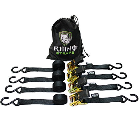RHINO USA Ratchet Straps Tie Down Kit - 1,823lb Guaranteed Max Break Strength, Includes (4) Premium 1" x 15' Rachet Tie-Downs with Padded Handles & Carrybag, Best for Handling Cargo, Moving, Furniture