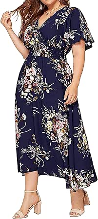 Milumia Women Plus Size Summer Floral Boho High Waist V Neck Maxi Dress Blue 3X-Large Plus