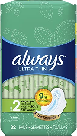 Always Ultra Thin Feminine Pads for Women, Size 2, Super Absorbency, with Wings, Unscented, 32 Count