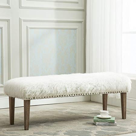 Yongchuang Pure White Glamorous Soft Faux Fur Modern Style Decorative Bench Footrest Ottoman Nailed Wood Legs