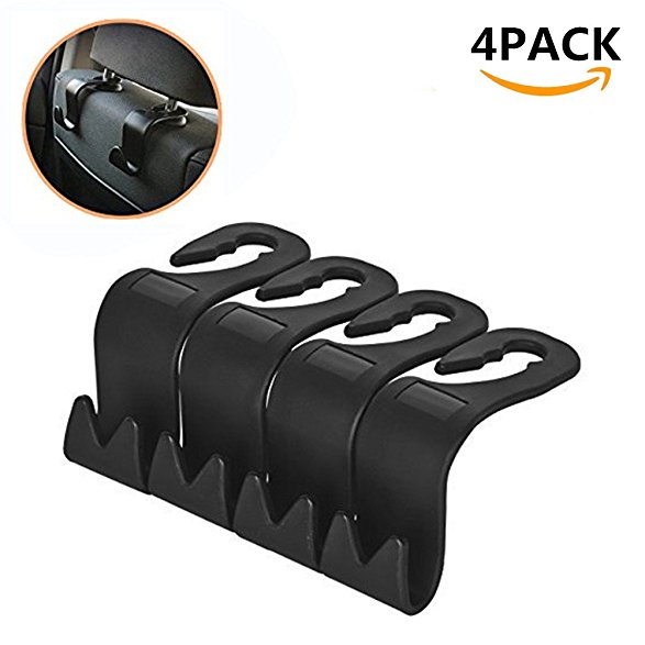 4 Pack Car Vehicle Back Seat Hooks - Car Headrest Hanger Storage Organizer - Prevent Spills - Universal Fit for All Cars - Hang Groceries, Bags, Clothes, Purses, Supplies (Black)