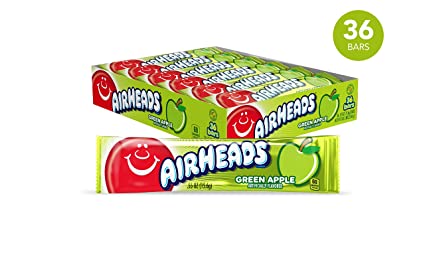 Airheads Candy, Individually Wrapped Full Size Bars for Stocking Stuffers, Green Apple, Gifts, Bulk Taffy, Non Melting, Party, 0.55 Ounce (Pack of 36)