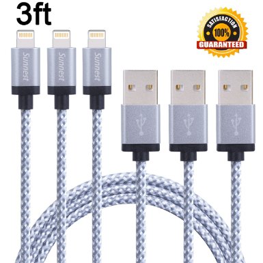 Sunnest 3Pack 3FT Standard Length Nylon Braided 8 Pin Lightning Cable USB Charging Cord with Aluminum Connector for iPhone 6/6s/6 plus/6s plus, 5c/5s/5, iPad Air/Mini, iPod Nano/Touch(White)