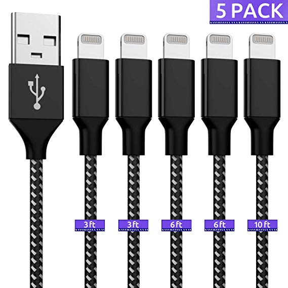 Sumee Phone Charger Cable, Charging Cable 5 Pack (3/3/6/6/10 FT) Durable Nylon Braided Fast Charging Cord Charger for Phone Xs/XS Max/XR/X/8/7/6/5 Pad Mini/Pro/Air Pod and More - Black