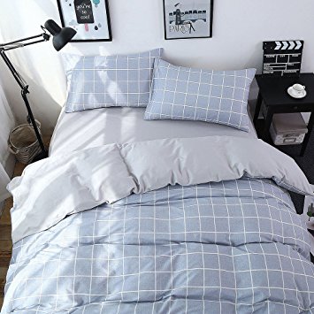 Vougemarket Super Soft 100% Full Cotton 3pc Duvet Cover Sets(1 Duvet Cover + 2 Pillow Shams),Simple Grid Pattern Bedding Set-Full/Queen,Grid 4