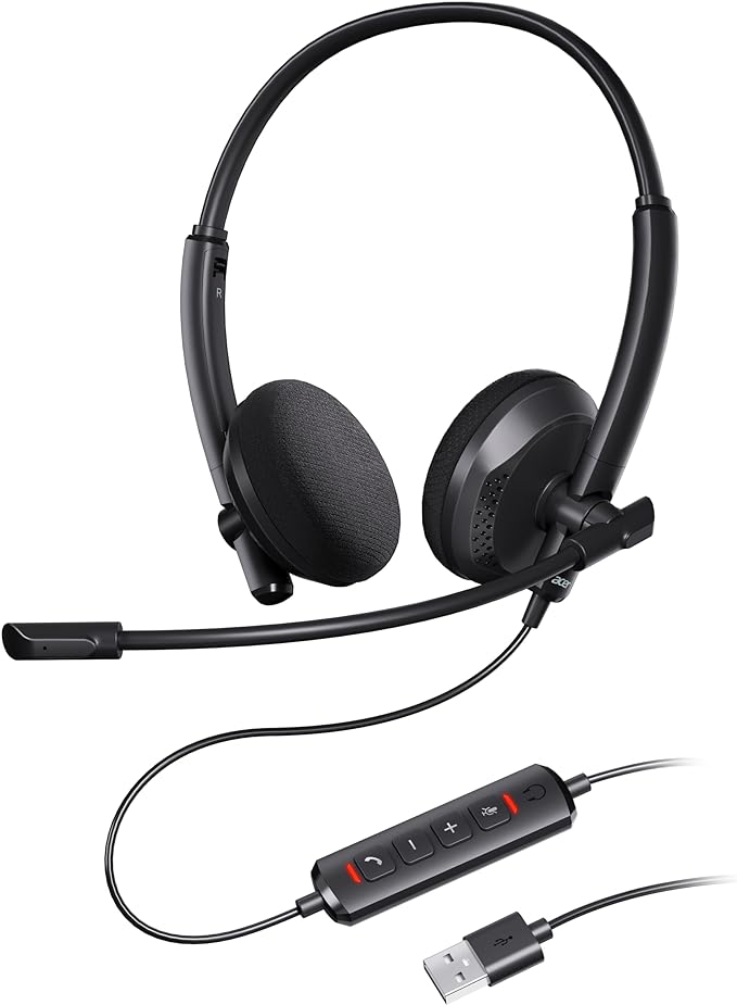 acer USB Headset with Noise Cancelling Microphone, for PC Laptop - Wired Computer PC/Zoom/MS Teams/Skype/Webinars/Call Center and More, Lightweight On-Ear Design (Black)