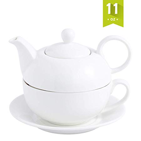 Malacasa Tea for One Set Teapot 11 Ounce and Cup 8.4 Ounce Porcelain Teacup and Saucer Set with Lid and 6 inch Saucer, White - Series Sweet Time