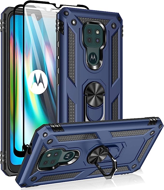 Moto G9 Play Case, Motorola G9 Play Case, with HD Screen Protectors, Androgate Military-Grade Metal Ring Kickstand 15ft Drop Tested Shockproof Cover Case for Blue