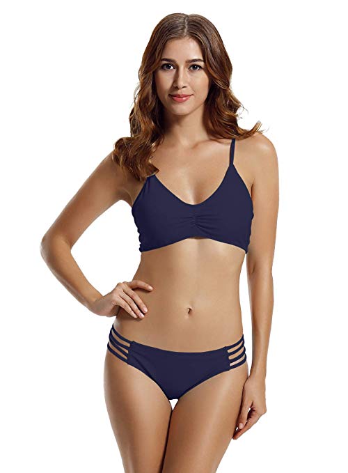 zeraca Women's Strap Side Bottom Halter Racerback Bikini Bathing Suits (FBA)