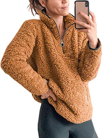BTFBM Womens Fleece Sherpa Fuzzy Zipper Long Sleeve Loose Pullover Fashion Contrast Color-Block Pockets Sweatshirt Outwear