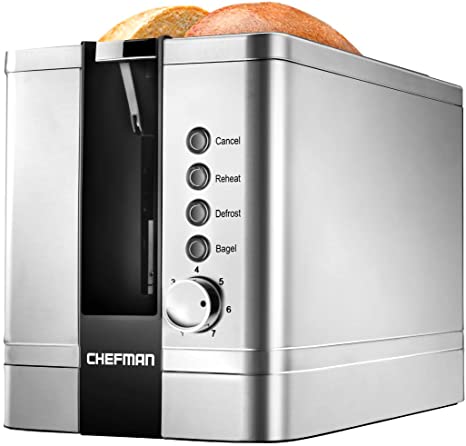 Chefman 2-Slice Pop-Up Stainless Steel Toaster w/ 7 Shade Settings Extra Wide Slots for Toasting Bagels, Defrost/Reheat/Cancel Functions, Removable Crumb Tray, 850W, 120V, Silver