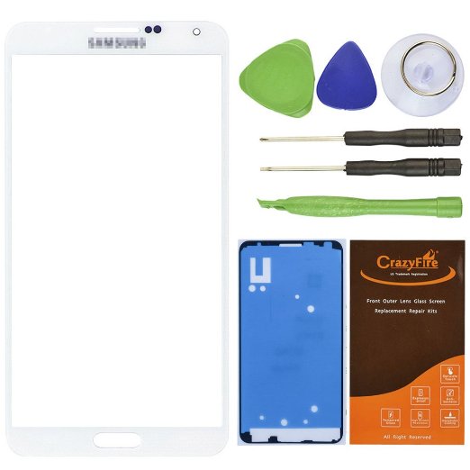 CrazyFire® White New Front Outer Glass Lens Screen Replacement For Samsung Galaxy Note III Note 3 N9000 N900A N900P N900T N900V N900R4 Adhesive Tape Tools Kit