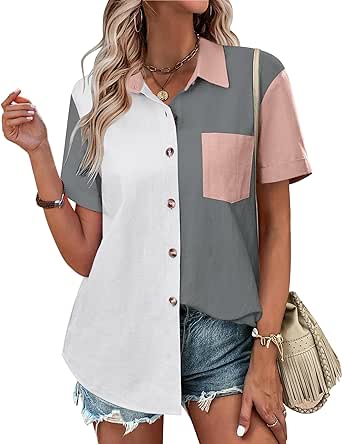 Zeagoo Womens Button Down Shirts Color Block Short Sleeve Cotton Linen Summer Causal Blouses Tops