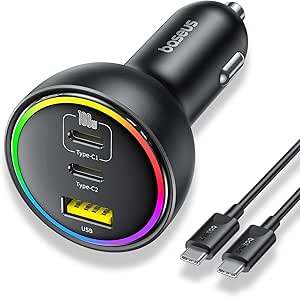 152.5W USB C Car Charger, Baseus Super Fast Charging 3 Ports Car Charger, PD3.0 QC4.0 Ultra Compact RGB Fast Type C Car Phone Charger Adapter, for iPhone 16 15 14 13 Pro Max Samsung S24 MacBook iPad